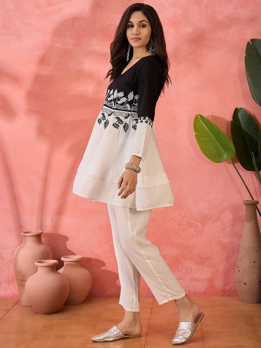 Off White & Black Embroidered Tunic With Trouser Co-Ords set
