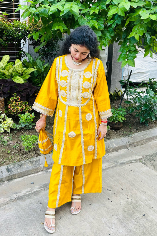 Floral Embroidered & Sequinned A-Line Kurta With Palazzos & Bag Kurta Set - Mustard