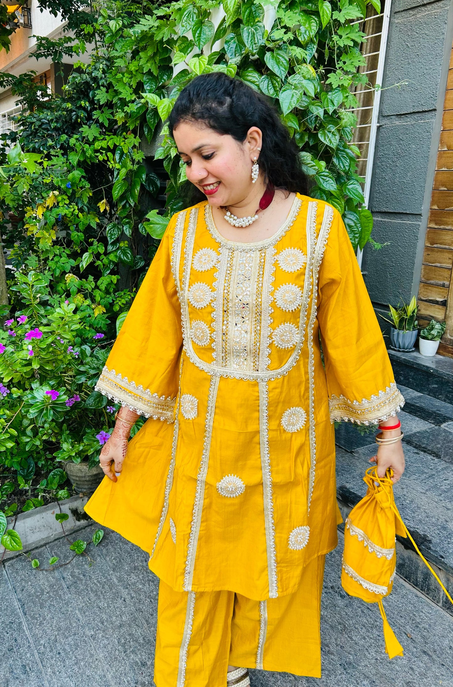 Floral Embroidered & Sequinned A-Line Kurta With Palazzos & Bag Kurta Set - Mustard