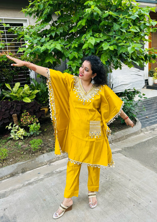 Ethnic Motifs Yoke Design Embroidered Kaftan Kurta & Trousers - Mustard Color
