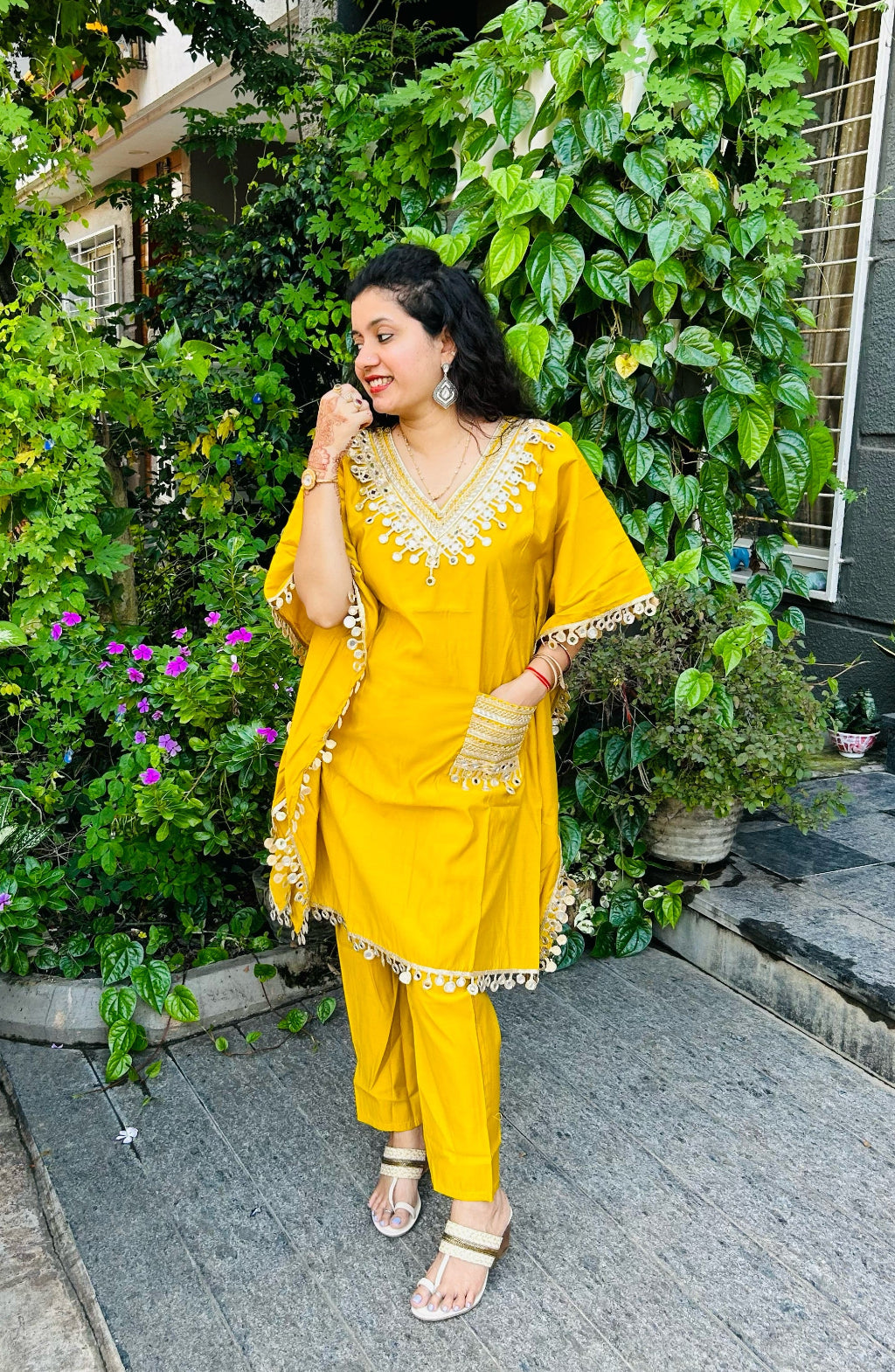 Ethnic Motifs Yoke Design Embroidered Kaftan Kurta & Trousers - Mustard Color