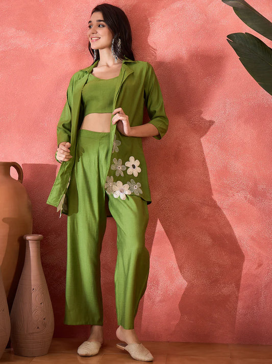 Green Floral Co-Ord Set with Embroidered Jacket