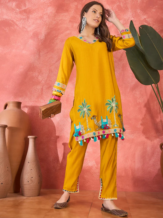 Yellow Embroidered Tunic With Trouser & Bags Co-Ords Set
