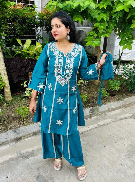 Teal Blue Green Floral Embroidered & Sequined A-Line Kurta With Palazzos & Bag Kurta Set