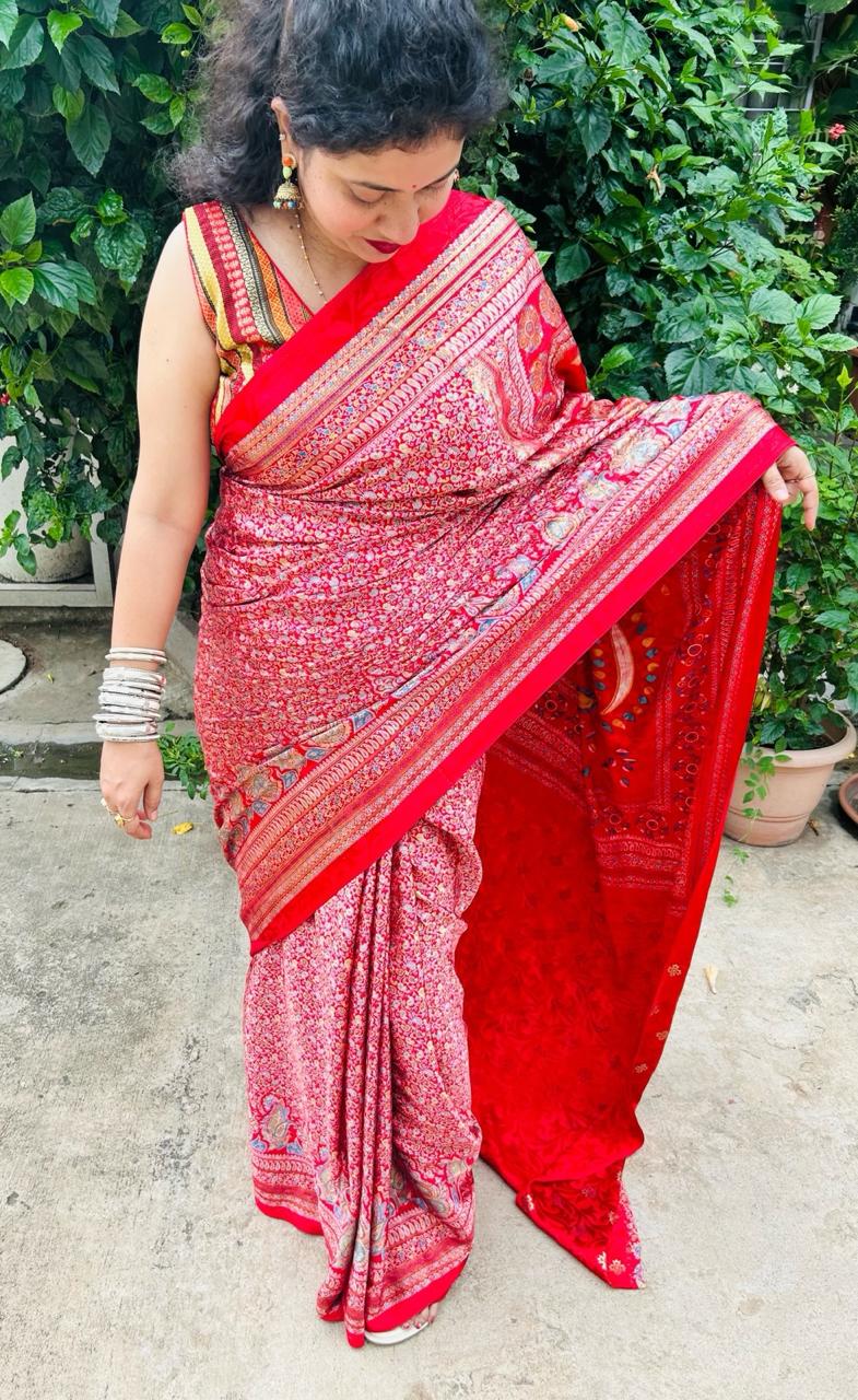 Red Silk Saree (Gajji Silk) - Kashmiri Print