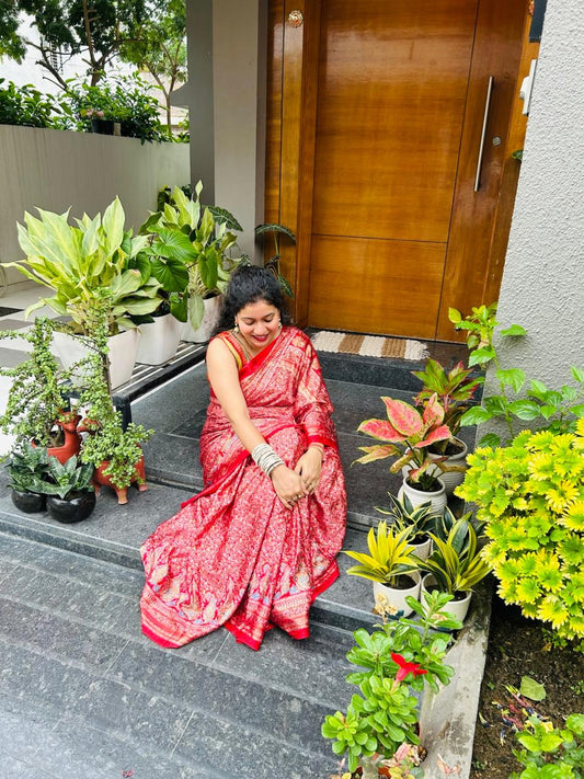 Red Silk Saree (Gajji Silk) - Kashmiri Print