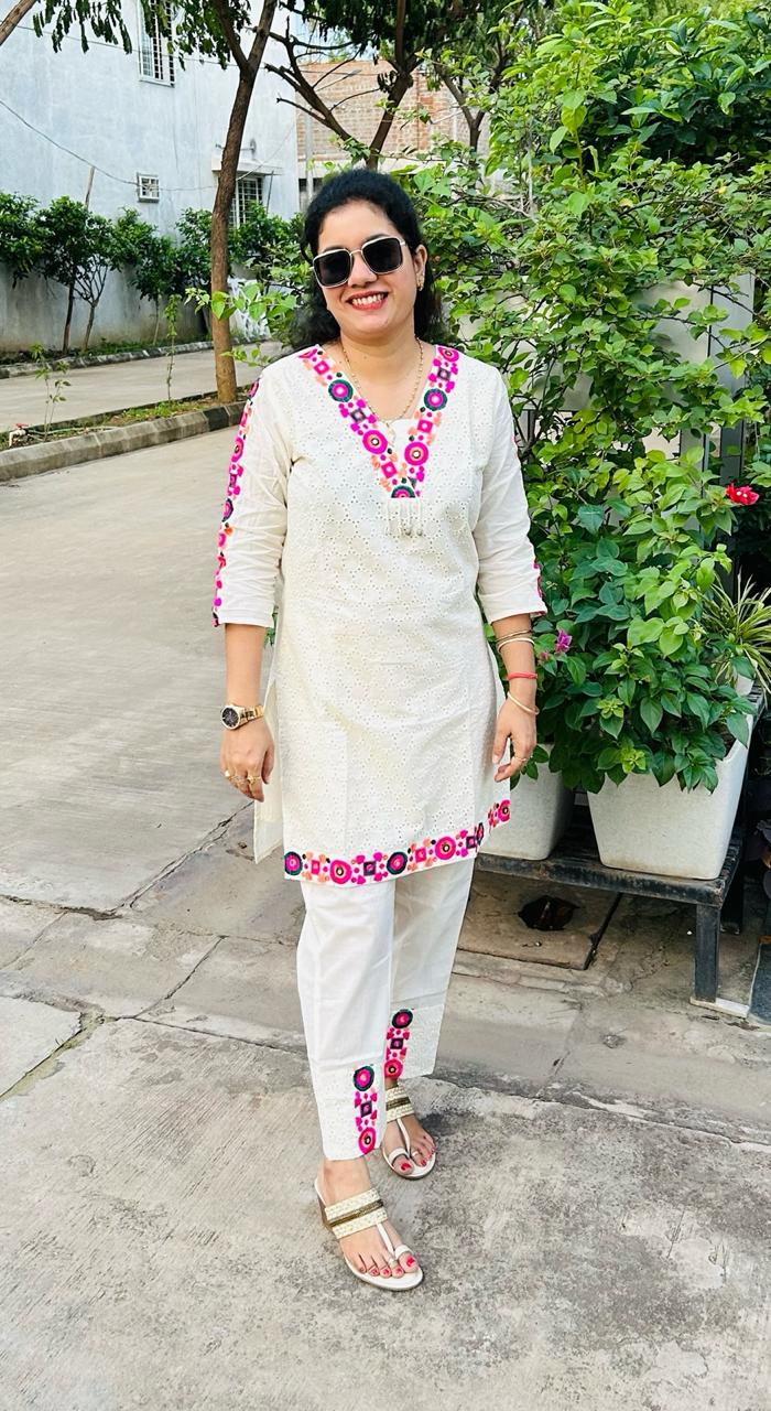 Abstract Embroidered Pure Cotton Top With Trouser Co-Ords