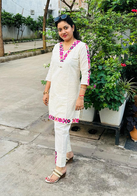 Abstract Embroidered Pure Cotton Top With Trouser Co-Ords