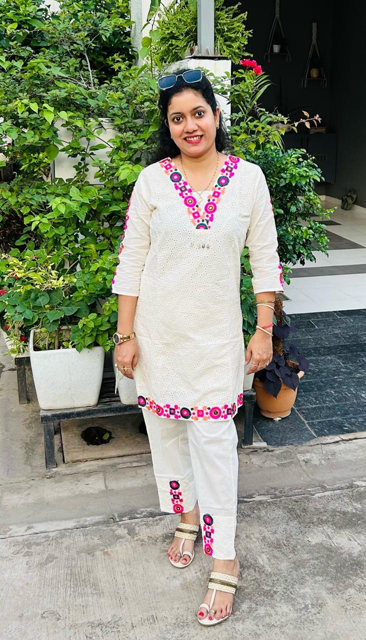 Abstract Embroidered Pure Cotton Top With Trouser Co-Ords