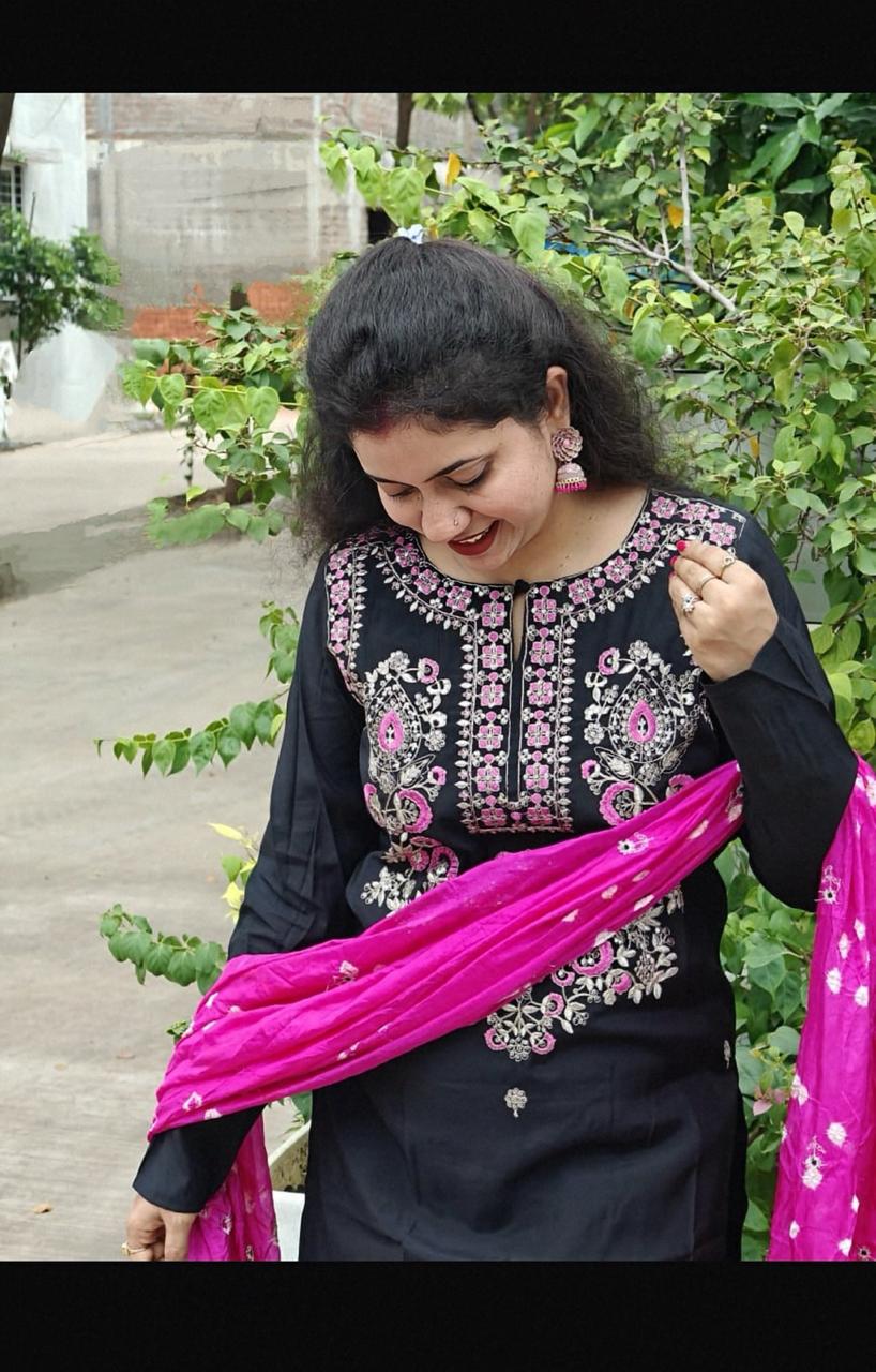 Embroidered Regular Thread Work Kurta with Palazzos & Dupatta