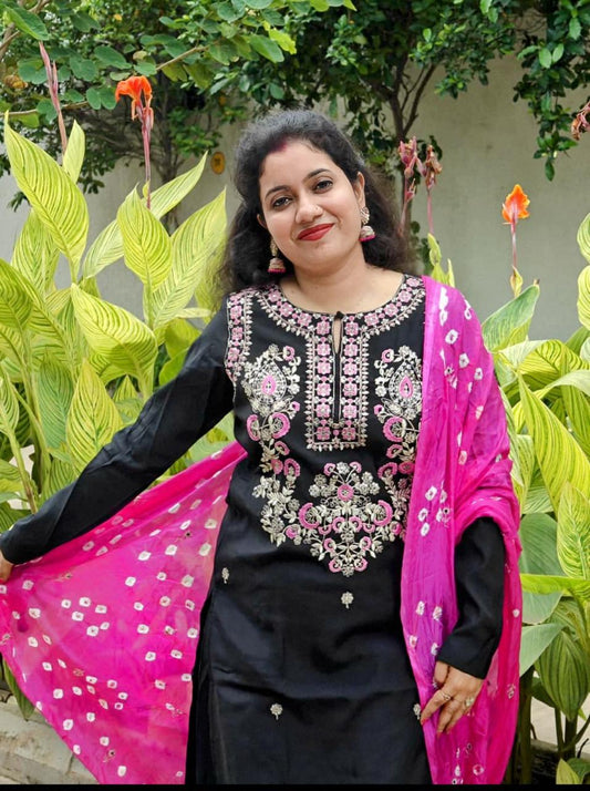 Embroidered Regular Thread Work Kurta with Palazzos & Dupatta