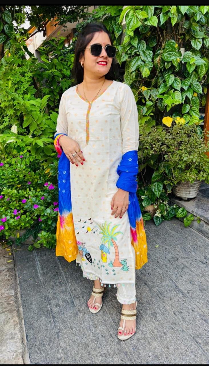 Ethnic Motifs Printed Pure Cotton Straight Kurta With Salwar & Dupatta