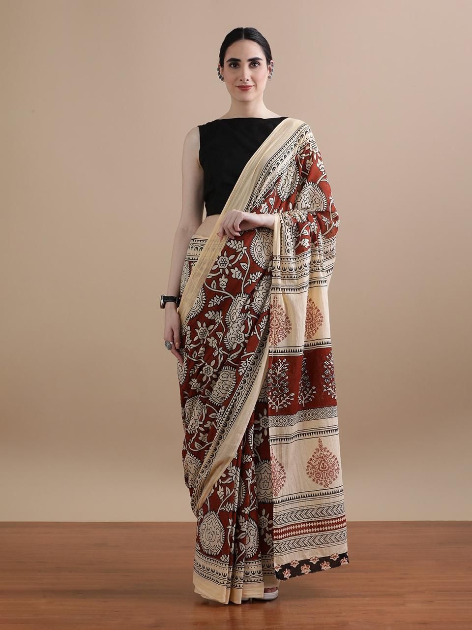 Brick Red & Beige Printed Soft Cotton Saree