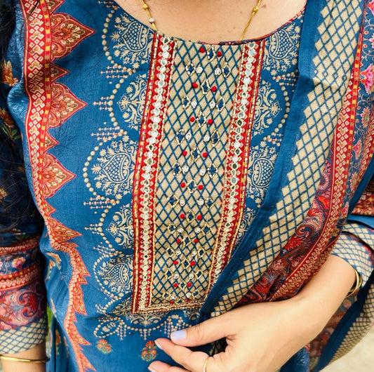 Blue Kurta Suit Set, with printed Duppatta