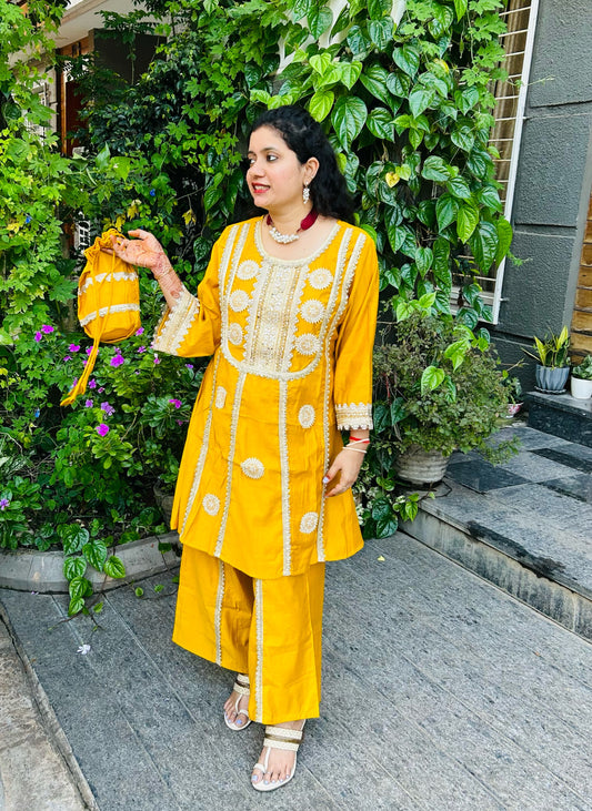 Floral Embroidered & Sequinned A-Line Kurta With Palazzos & Bag Kurta Set - Mustard