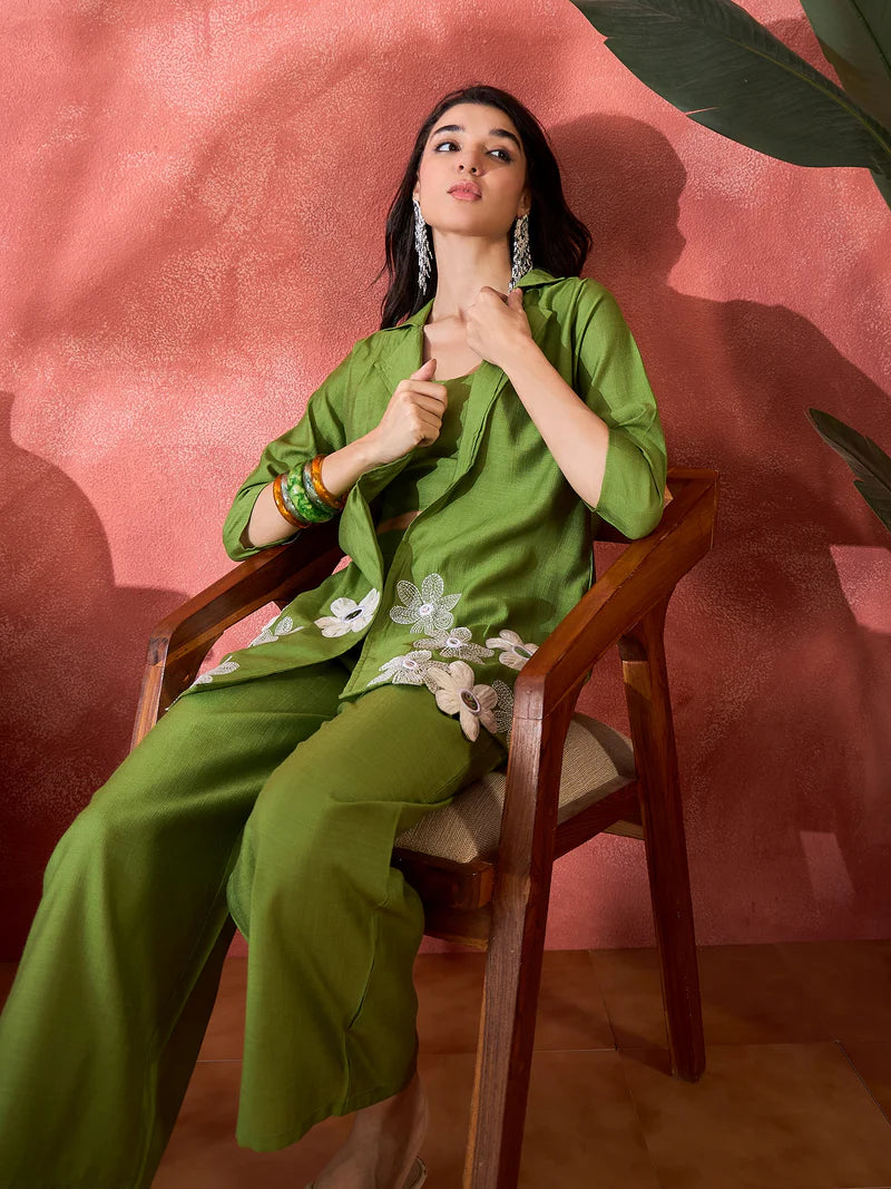 Green Floral Co-Ord Set with Embroidered Jacket