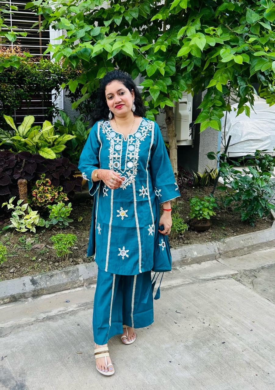Green Floral Embroidered & Sequinned A-Line Kurta With Palazzos & Bag Kurta Set