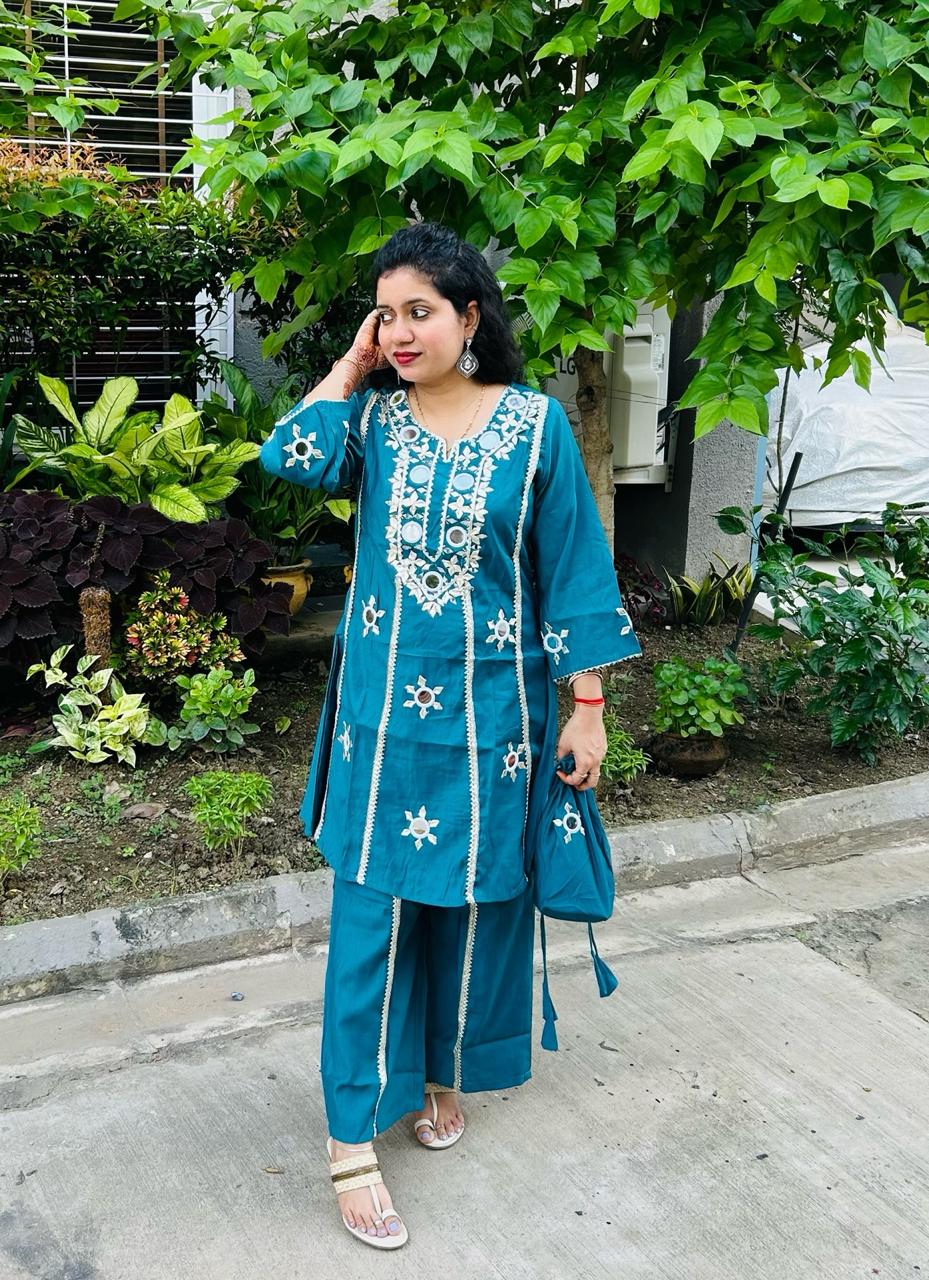 Green Floral Embroidered & Sequinned A-Line Kurta With Palazzos & Bag Kurta Set