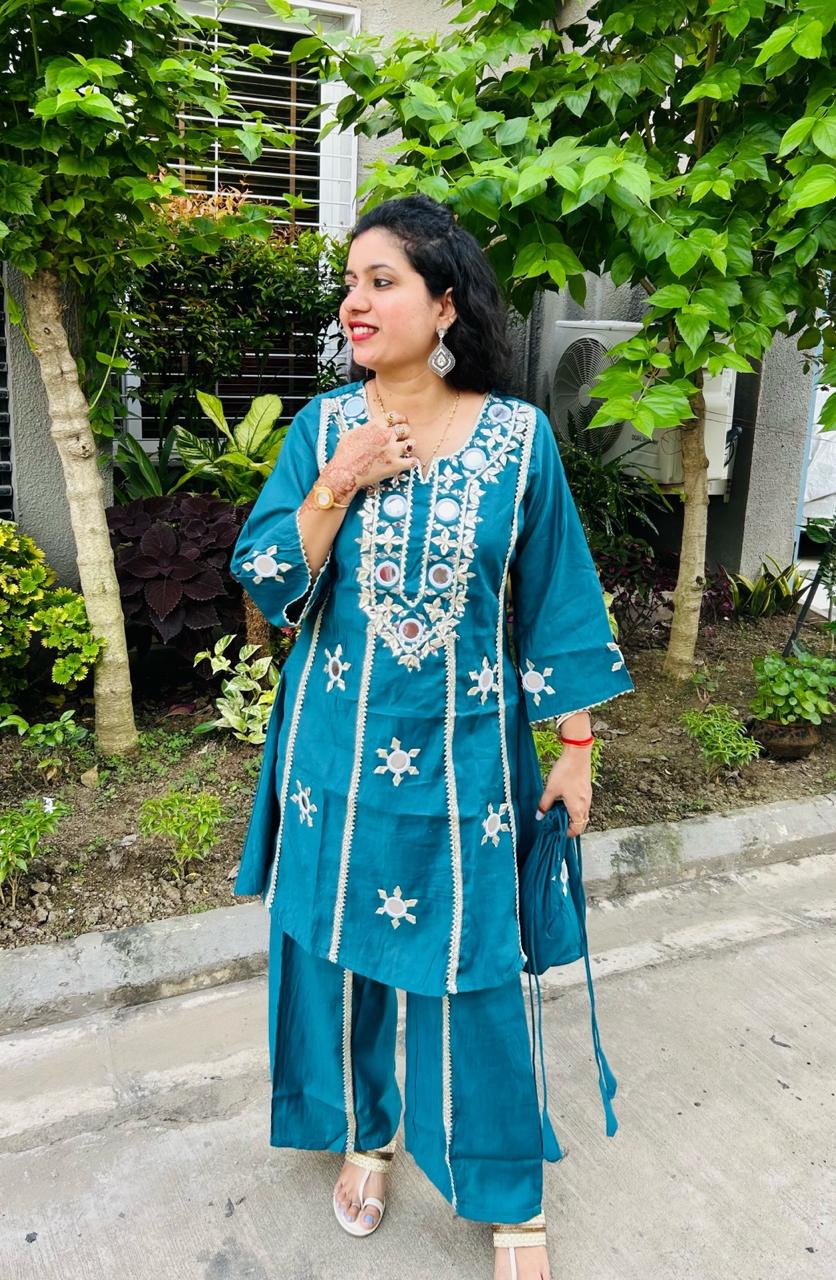 Green Floral Embroidered & Sequinned A-Line Kurta With Palazzos & Bag Kurta Set