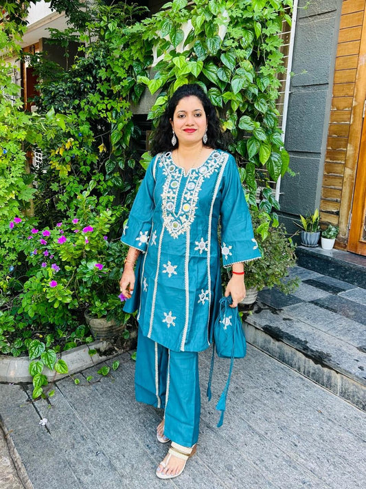 Green Floral Embroidered & Sequinned A-Line Kurta With Palazzos & Bag Kurta Set