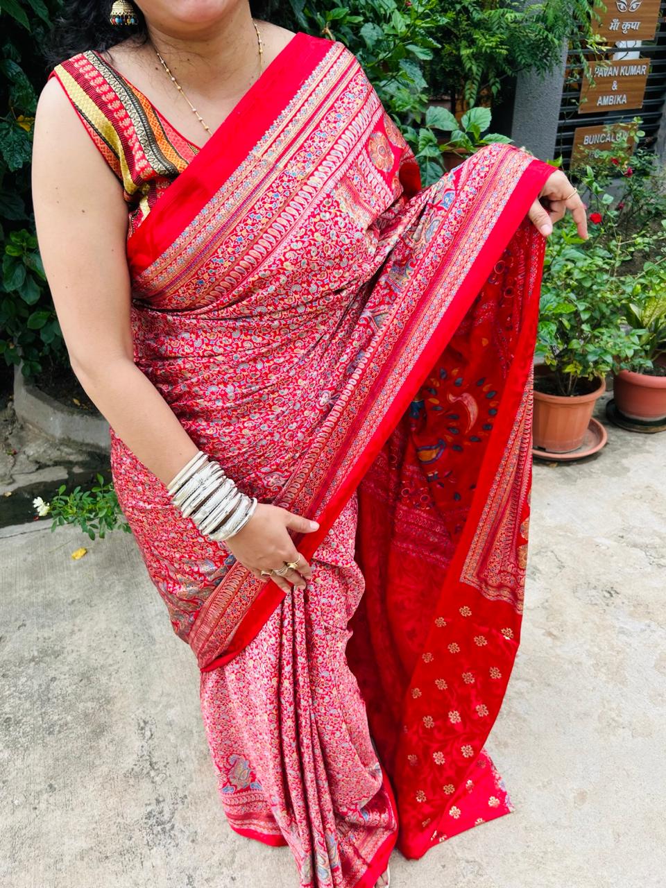 Red Silk Saree (Gajji Silk) - Kashmiri Print