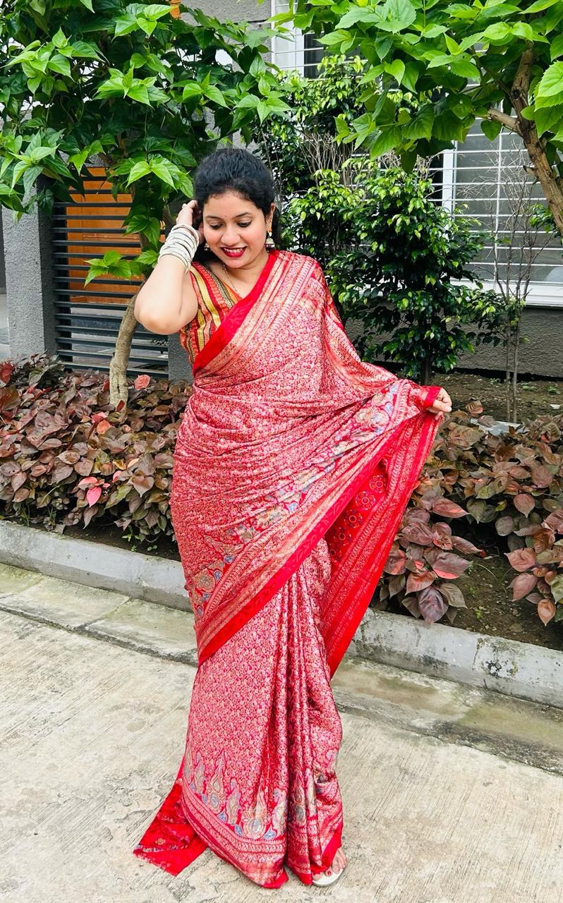 Red Silk Saree (Gajji Silk) - Kashmiri Print