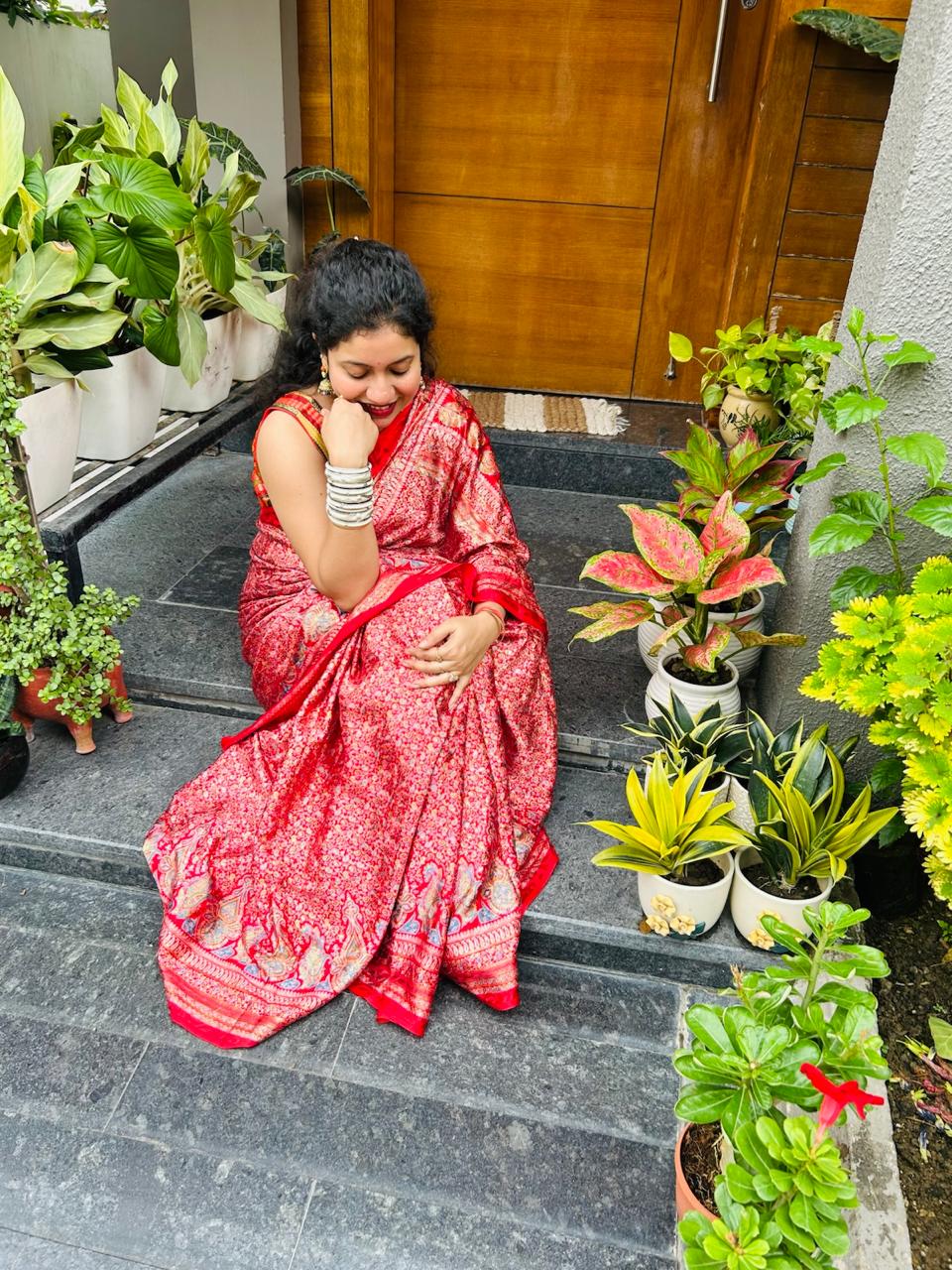 Red Silk Saree (Gajji Silk) - Kashmiri Print