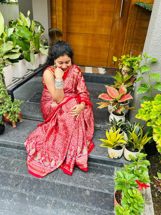 Red Silk Saree (Gajji Silk) - Kashmiri Print