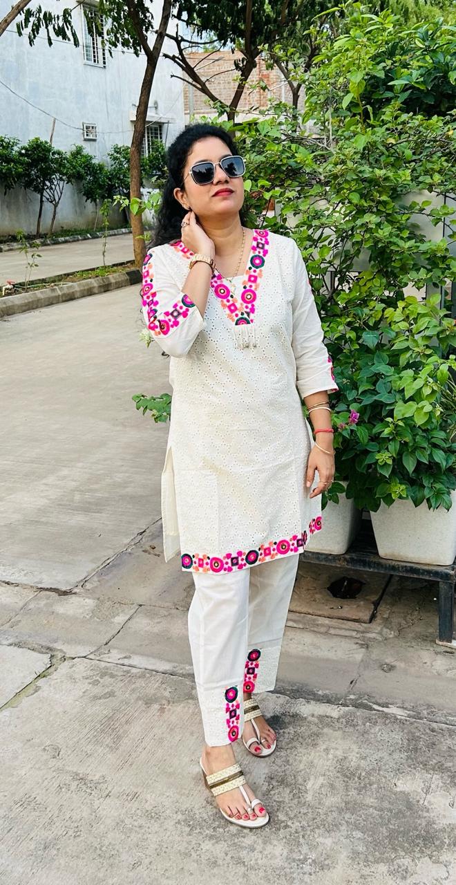 Abstract Embroidered Pure Cotton Top With Trouser Co-Ords
