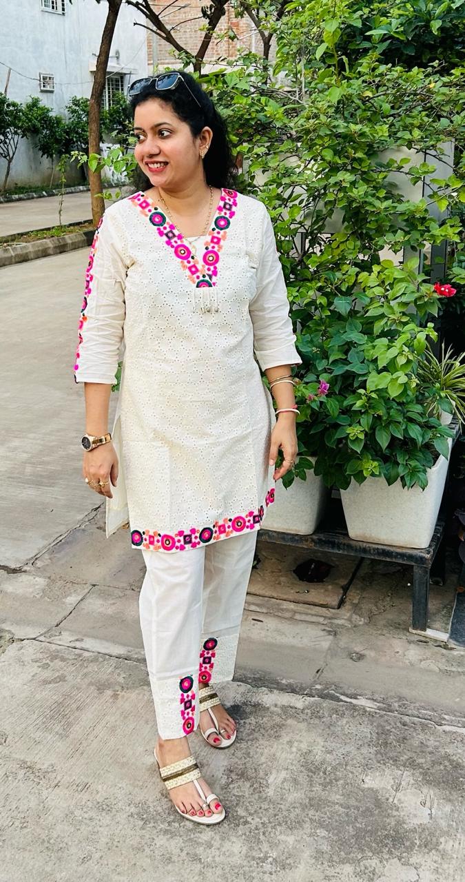 Abstract Embroidered Pure Cotton Top With Trouser Co-Ords