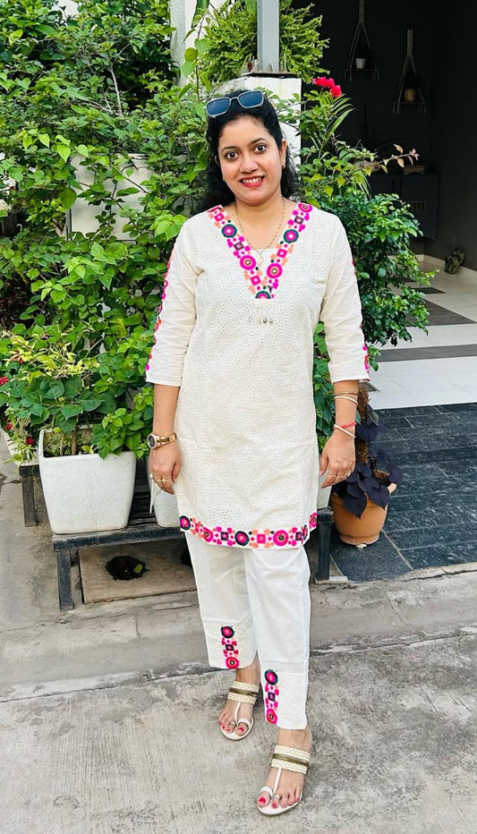 Abstract Embroidered Pure Cotton Top With Trouser Co-Ords