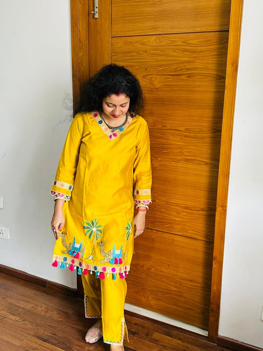 Yellow Embroidered Tunic With Trouser & Bags Co-Ords Set
