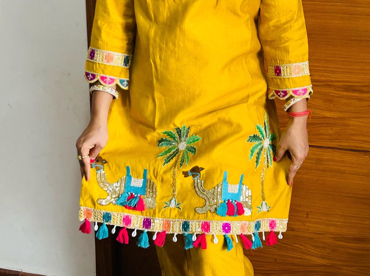 Yellow Embroidered Tunic With Trouser & Bags Co-Ords Set