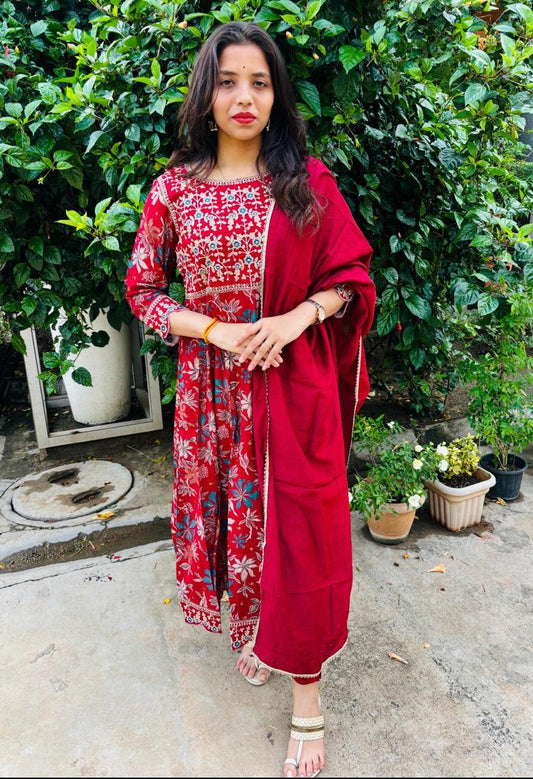 Red Printed Anarkali - 3 Piece Set