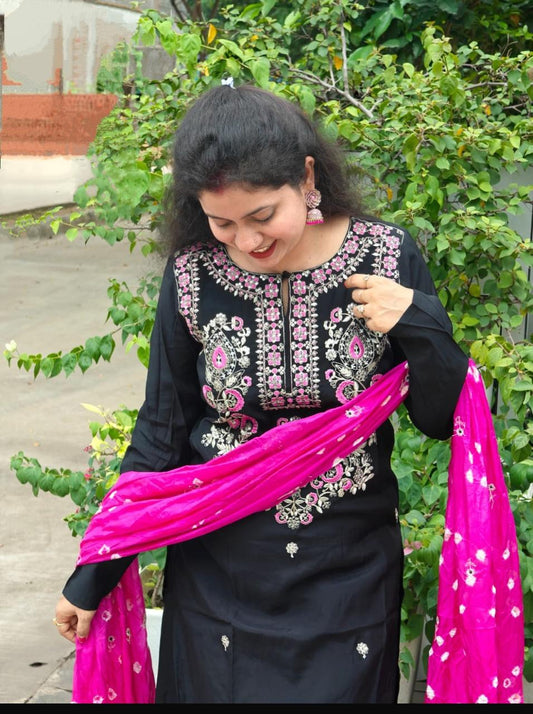 Embroidered Regular Thread Work Kurta with Palazzos & Dupatta