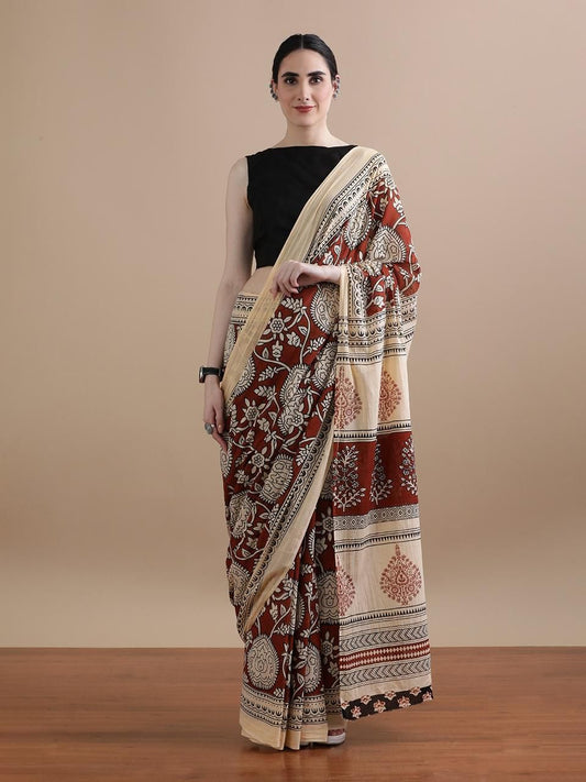 Brick Red & Beige Printed Soft Cotton Saree
